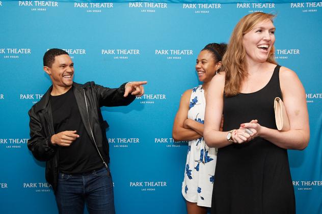 Comedian Trevor Noah shares a laugh with Nia Coffey and Carolyn Swords of the Las Vegas Aces at Park Theater