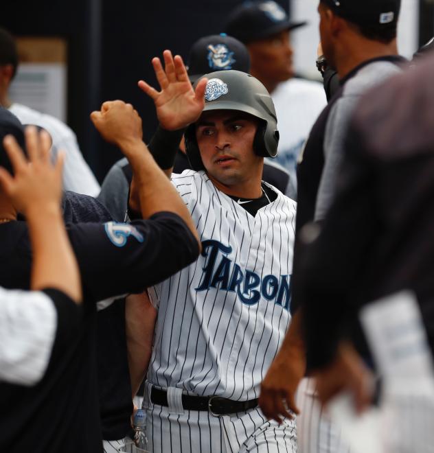 Angel Aguilar is congratulated in the Tampa Tarpons dugout