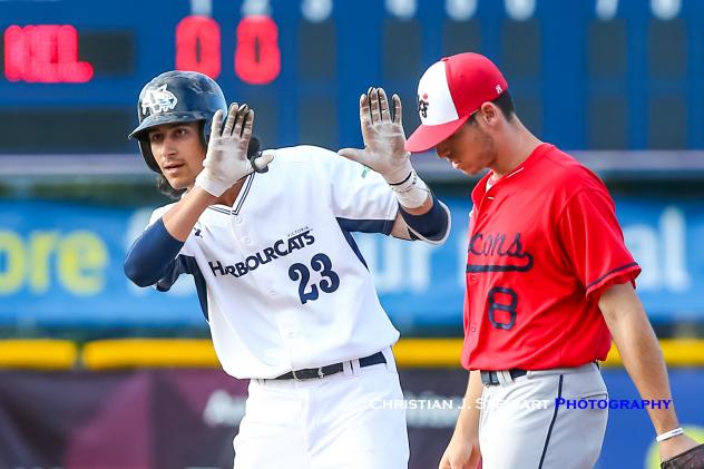 Nick Plaia of the Victoria HarbourCats gets jiggy at second