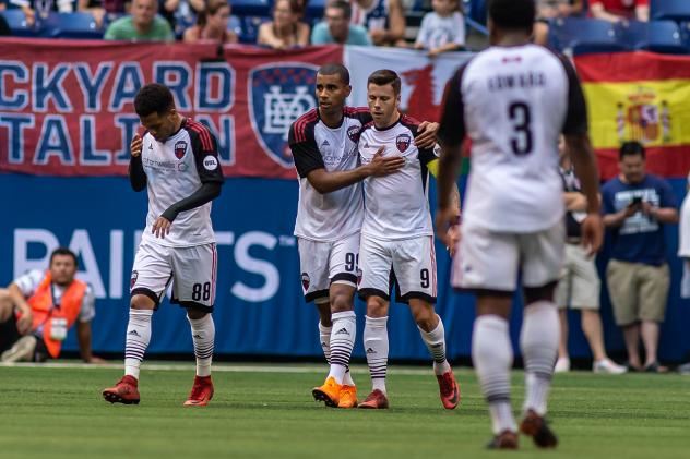 Ottawa Fury FC forward Carl Haworth receives congratulations after an Ottawa goal