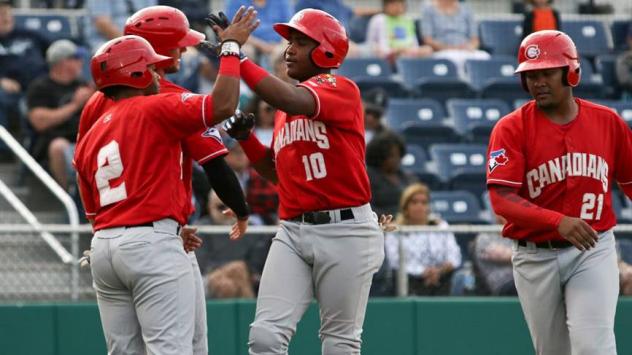 Vancouver Canadians congratulate Jesus Severino on his grand slam