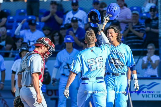 Nick Plaia (right) congratulates Hunter Vansau (26) after Vansau's homer for the Victoria HarbourCats