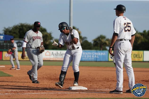 Frederick Cuevas of the Charleston RiverDogs celebrates his run-scoring hit