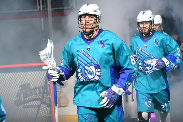 Rochester Knighthawks defenseman Frank Brown and forward Josh Currier