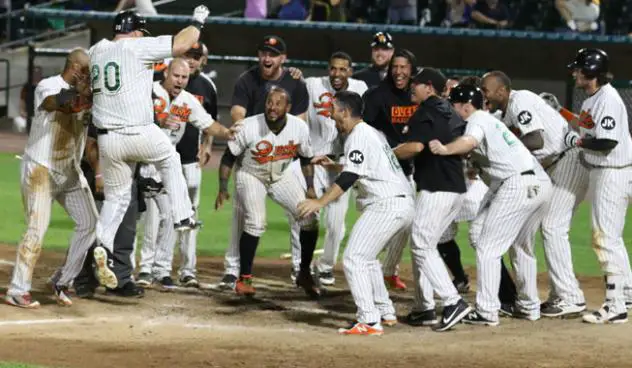Lew Ford and the Long Island Ducks celebrate Ford's walk-off home run