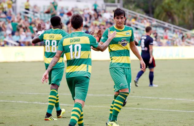 Tampa Bay Rowdies exchange congratulations vs. the Indy Eleven
