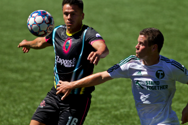 Las Vegas Lights FCs Marcelo Alatorre battles for possession vs. Portland Timbers 2