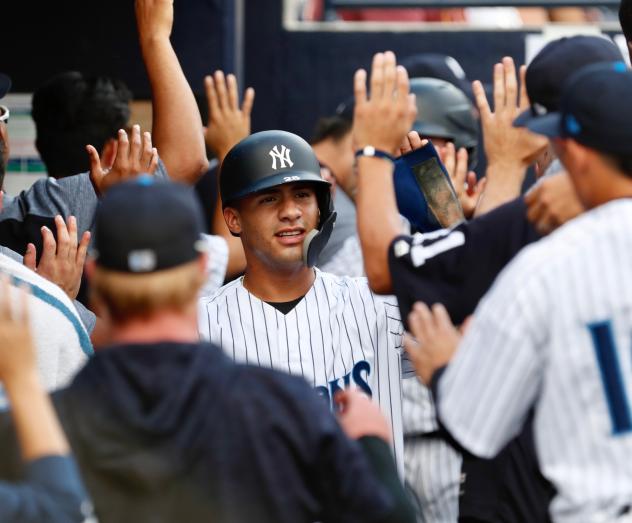 Gleyber Torres receives congratulations from the Tampa Tarpons dugout