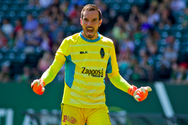 Las Vegas Lights FC goalkeeper Ricardo Ferrino reacts following a save