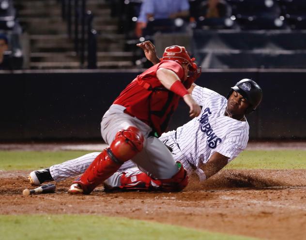 Steven Sensley of the Tampa Tarpons slides home vs. the Palm Beach Cardinals