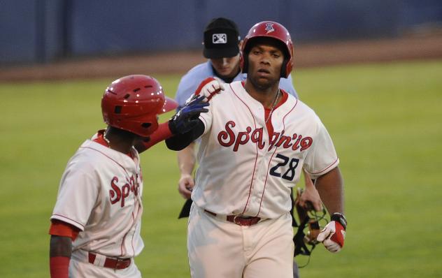 Spokane Indians 1B Curtis Terry rounds the bases after his home run