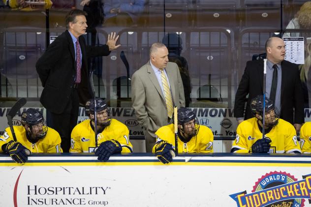 Mark Dennehy behind the bench at Merrimack College