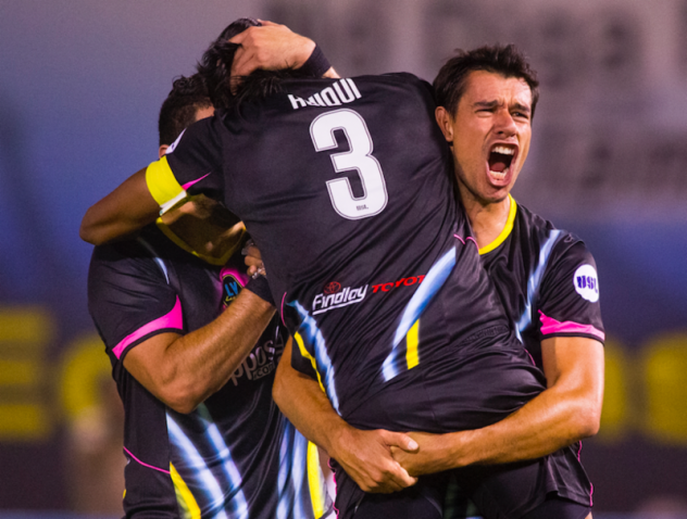Las Vegas Lights FC players celebrate Joel Huiqui's (3) game-winning goal