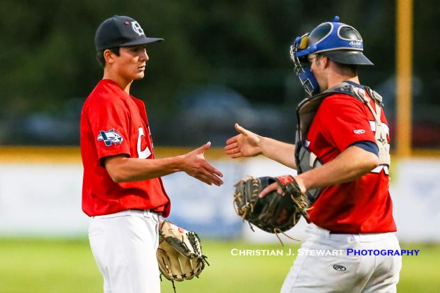 Closer Tyler Yoshihara (left) and catcher Hayden Jaco of the Victoria HarbourCats