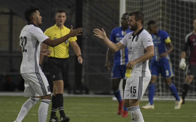 James Chambers (45) of Bethlehem Steel FC receives congratulations