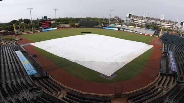 Tarp on the field at the Baseball Grounds of Jacksonville, home of the Jacksonville Jumbo Shrimp