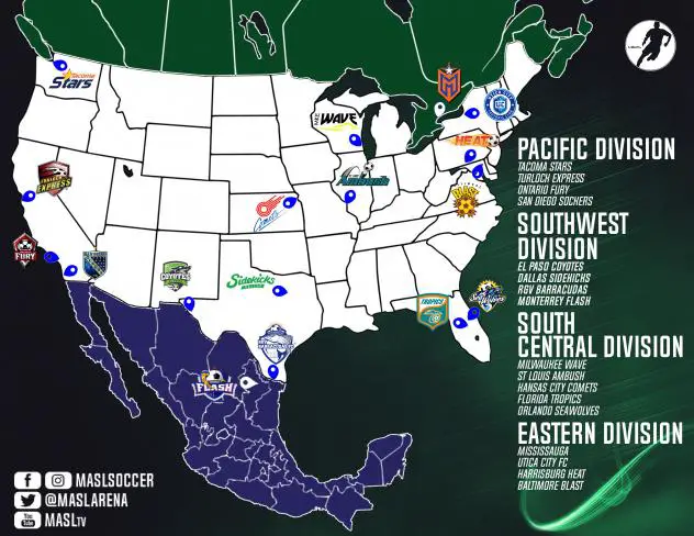 Major Arena Soccer League (MASL) Team Map