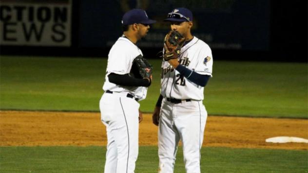 Tri-City Dust Devils confer on the mound