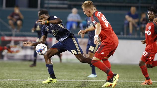 Bethlehem Steel FC forward Faris Pemi Moumbagna (left) vs. Toronto FC II