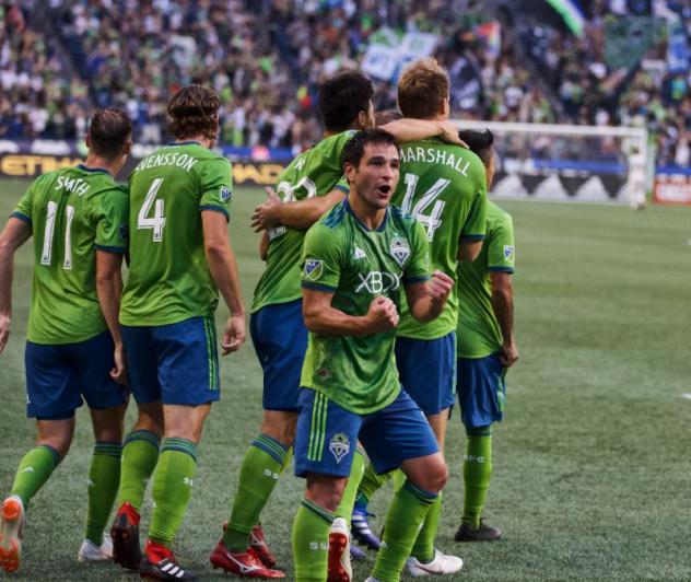 Seattle Sounders FC celebrates Nico Lodeiro's game-winning goal last Saturday vs. FC Dallas