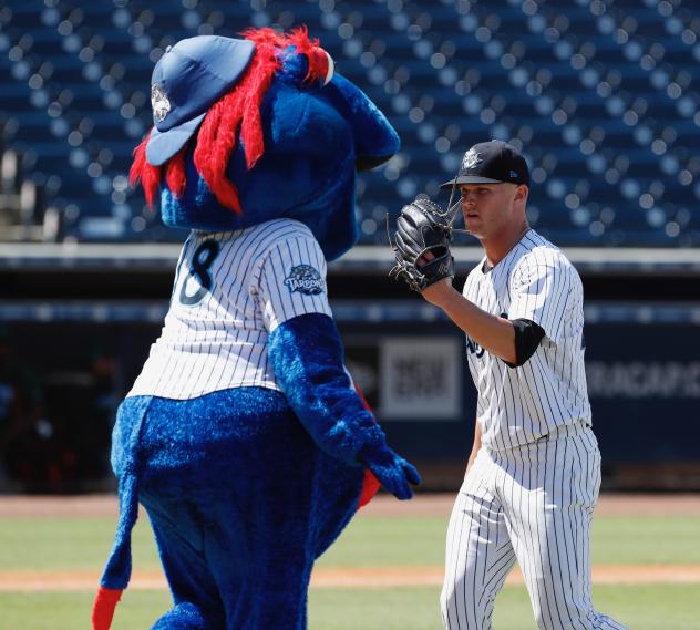 Tampa Tarpons mascot Blue and pitcher Hobie Harris