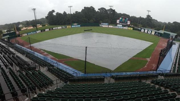 The tarp on Hank Aaron Stadium, home of the Mobile BayBears