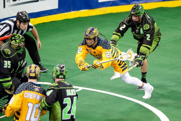 Jerome Thompson of the Georgia Swarm dives for a goal against the Saskatchewan Rush