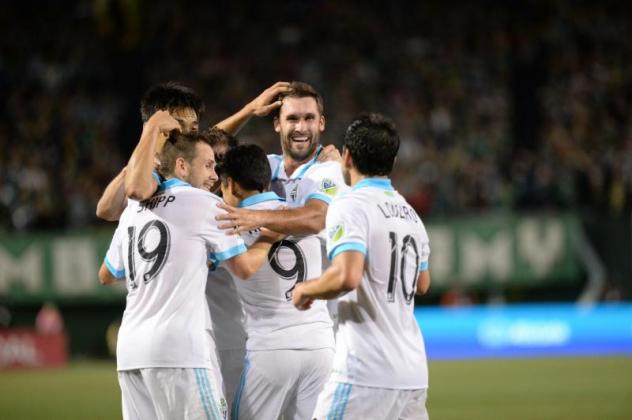 Seattle Sounders FC celebrate vs. the Portland Timbers