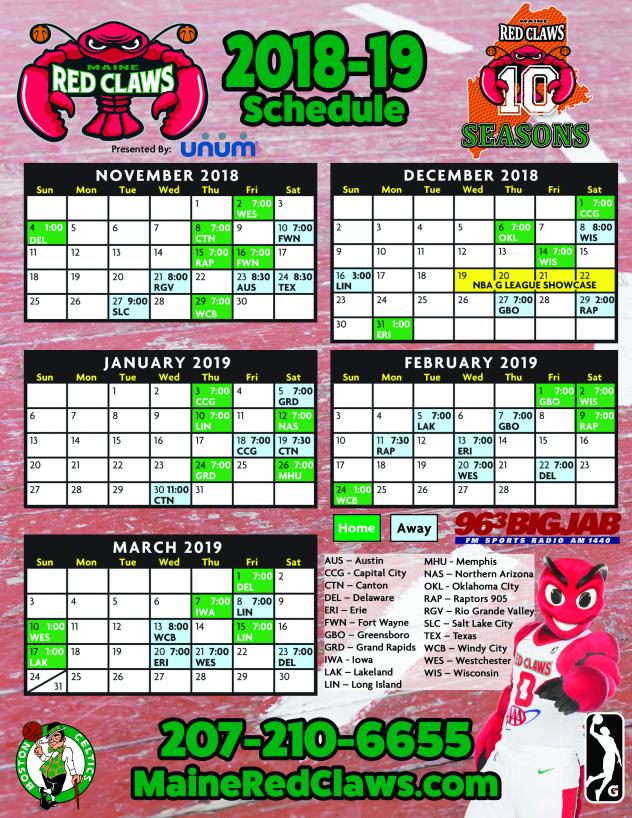 Maine Red Claws' 2018-19 Schedule