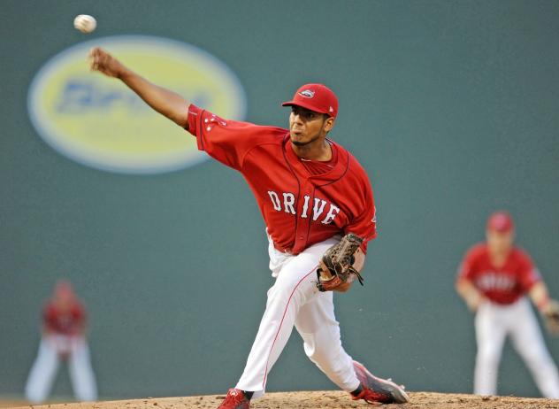 Greenville Drive pitcher Denyi Reyes delivers