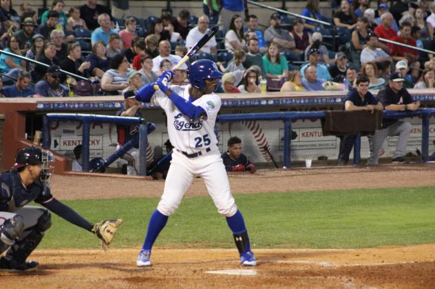 Seuly Matias of the Lexington Legends awaits a pitch