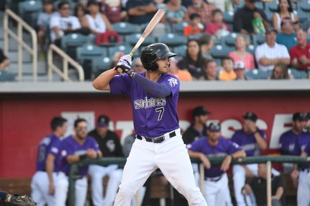 Josh Fuentes of the Albuquerque Isotopes at bat