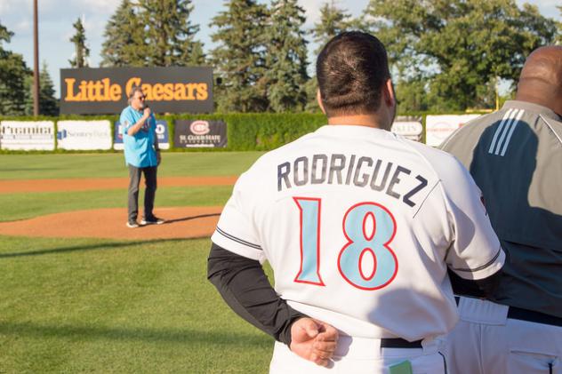 St. Cloud Rox manager Augie Rodriguez during the national anthem