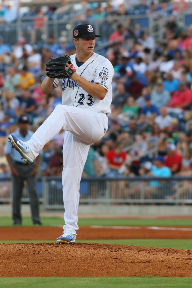 Biloxi Shuckers pitcher Zack Brown on the mound