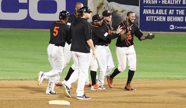 Jordany Valdespin and the Long Island Ducks celebrate a walk-off win