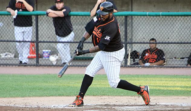 Jordany Valdespin of the Long Island Ducks connects with a pitch