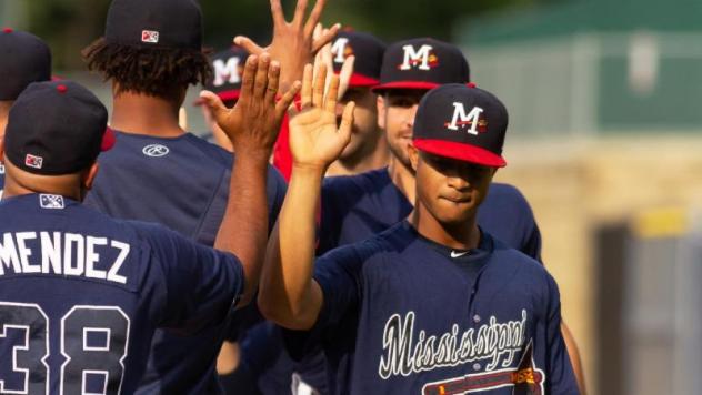 Mississippi Braves exchange high fives after a win