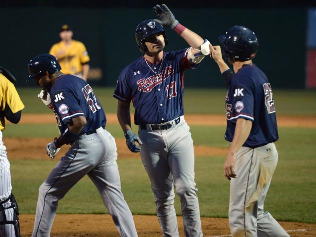 Jayce Boyd of the Somerset Patriots receives a high five