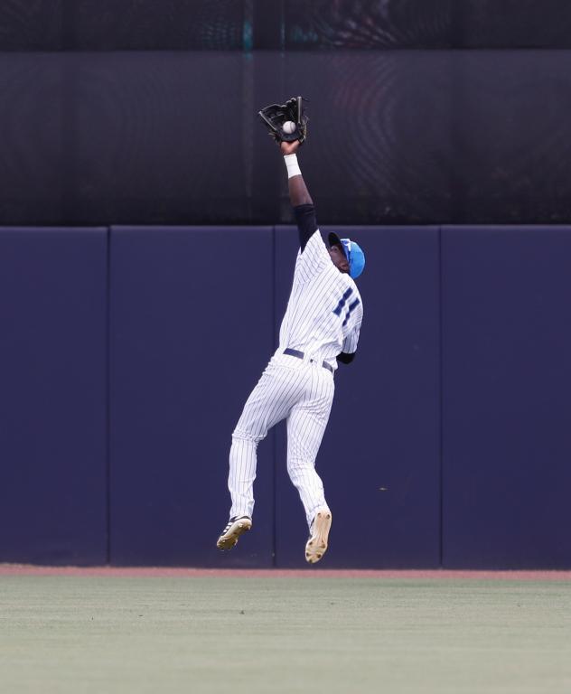 Estevan Florial of the Tampa Tarpons makes a leaping catch