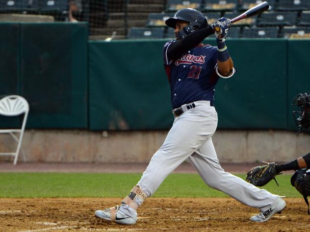 Nate Coronado of the Somerset Patriots takes a big swing
