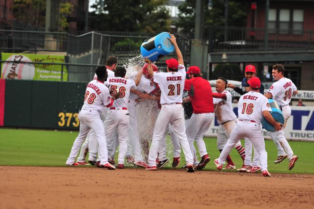 Memphis Redbirds celebrate a walk-off with to get to the PCL Championship Series