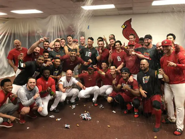 Memphis Redbirds celebrate PCL Championship Series berth in the locker room