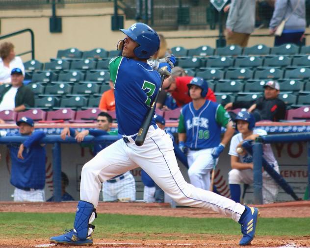 MJ Melendez of the Lexington Legends takes a big cut