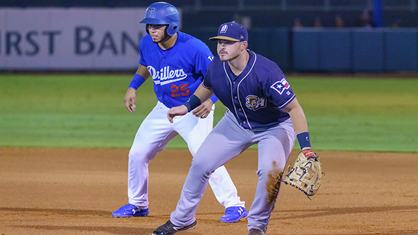 Keibert Ruiz of the Tulsa Drillers leads off first