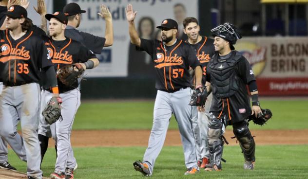 Francisco Rodriguez of the Long Island Ducks exchanges high fives after a save