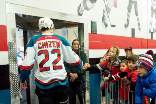 Braydyn Chizen of the Kelowna Rockets exiting the ice