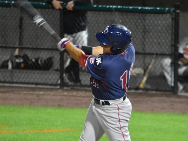 Ramon Flores of the Somerset Patriots swings for the fences