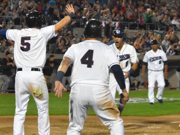 Somerset Patriots infielder Alfredo Rodriguez comes in to score