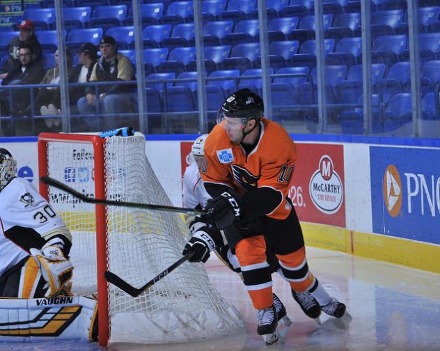 Greg Carey of the Lehigh Valley Phantoms vs. the Wilkes-Barre/Scranton Penguins in the preseason opener