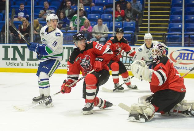Binghamton Devils goaltender Cam Johnson vs. the Utica Comets in a preseason battle